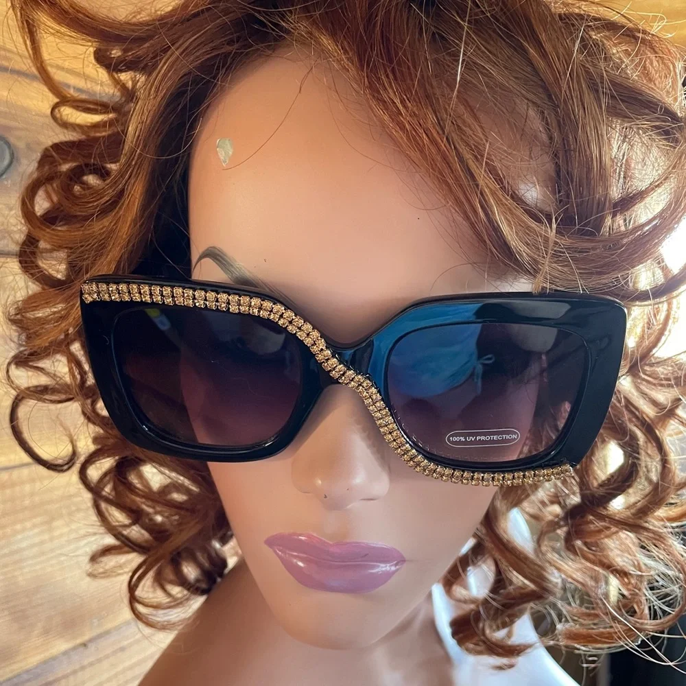 Fabulous New Gold RHINESTONE Embellished Oversized Square SUNGLASSES